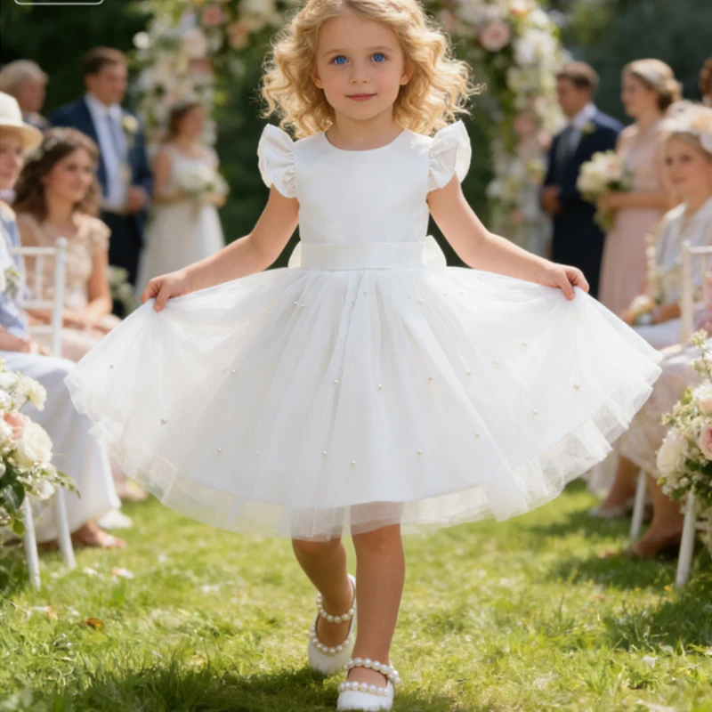 

Праздничные платья для девочек: белое свадебное платье принцессы, детское платье с открытой спиной, бантом и бисером, новогодний костюм, платье на Рождество для девочек
