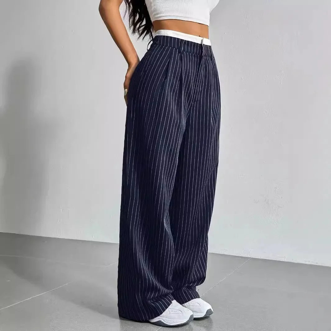 

High-waisted Spliced Trousers Simple Drape Casual Wide Leg Pants Bottom Women Casual Loose Streetwear Straight-leg Trousers