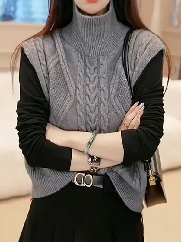 

2024 Fashion Pull Women Elagant Turtleneck Sleeveless Vest Sweater Knitted Pullover Autumn Winter Jumper Casual Tops R270