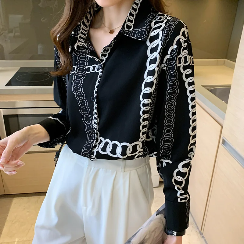 Loose Random Print Niche Chiffon Shirt Women 2023 Spring New Long Sleeve Commuting Blouse