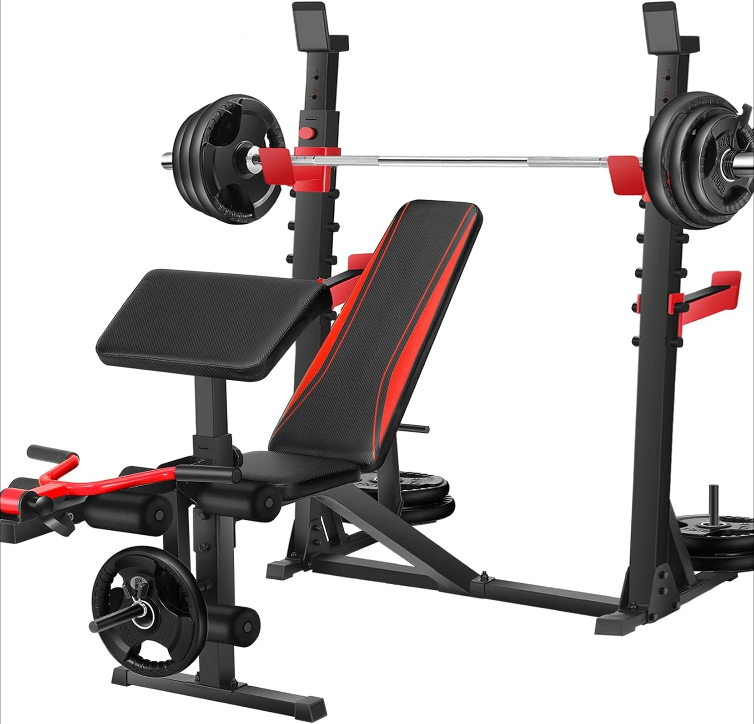 

Weight Set with Squat Rack Preacher Curl Weight Bench with Leg Extension Press Set Workout