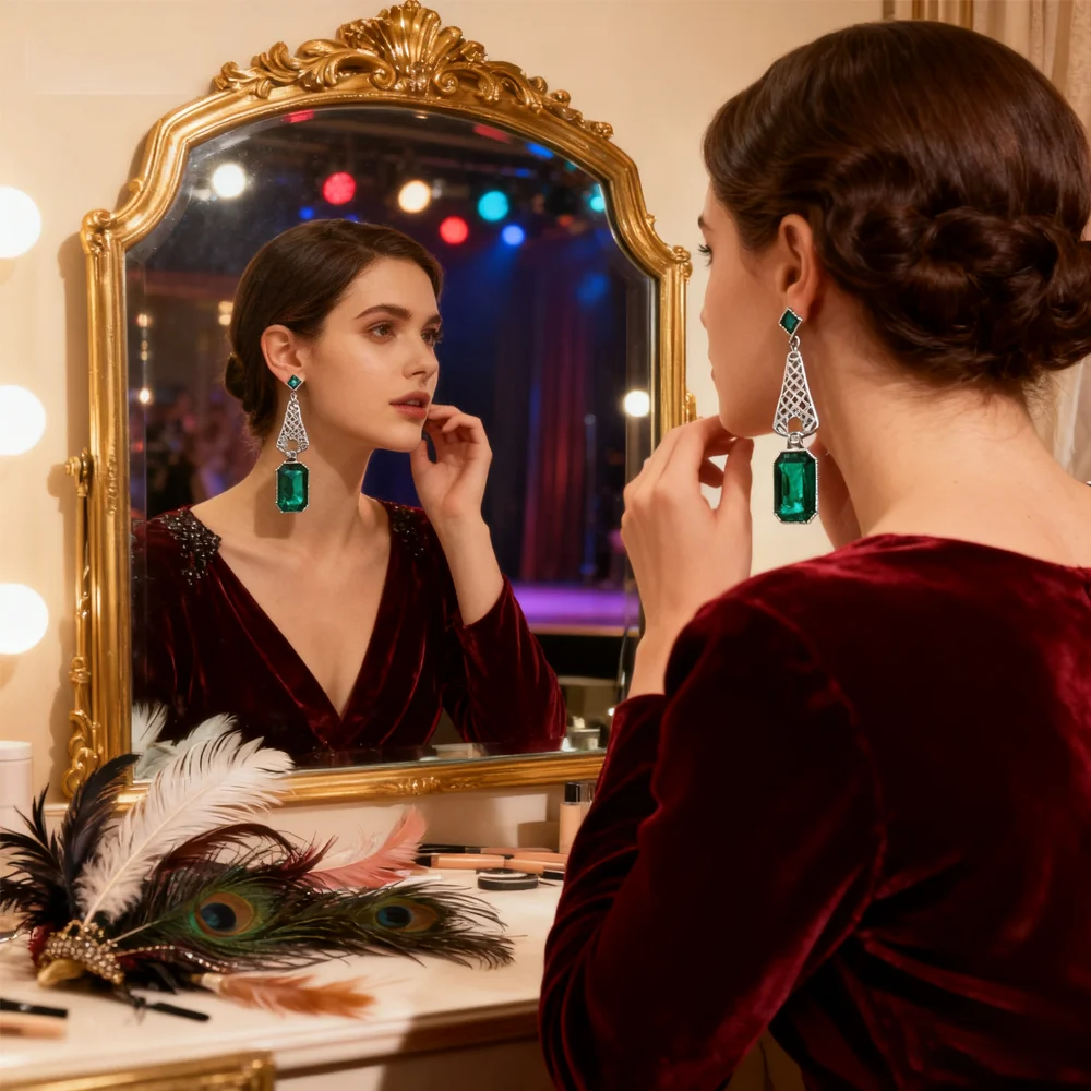 PESENAR 1920년대 스타일 아트 데코 그린 크리스탈 드롭 귀걸이 플래퍼 의상 및 빈티지 개츠비 액세서리