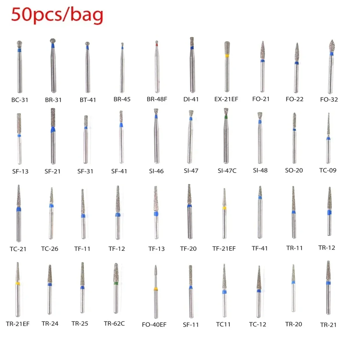 50pcs/bag Dental High Speed Burs High Speed Handpiece Turbine Diamond Burs Diamond Polishing Tooth Preparation Dentist Material