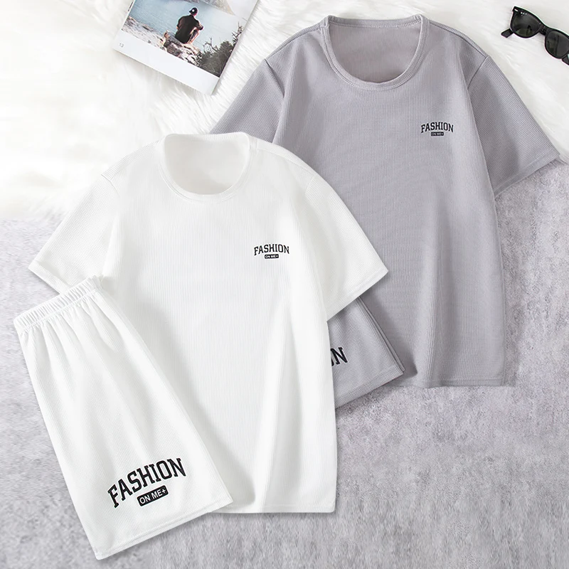 

4/2 Pieces Men's Waffle Fashion Suit Plus Size Loose Teens Simple Letter Round Neck Short Sleeve Joker Comfortable Beach Shorts