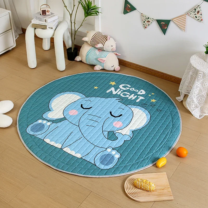 Cartoon Round Carpet For Kids Bedroom Soft Cotton Baby Crawling Pad Elephant Nursery Safety Play Mat For Kids Storage Beach Rug