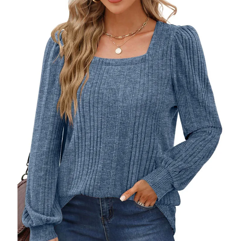 

2023 New Autumn and Winter Fashion Commuting Simple Pit Striped Brushed Square Neck Casual Versatile Solid Color Women's Top