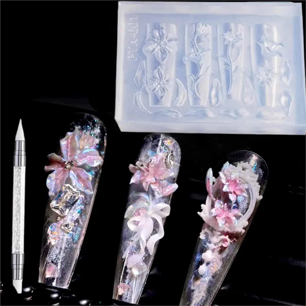 2 unids/set 3D tallado curvado flor de lirio molde de uñas plantilla de silicona transparente arte de uñas plantilla Floral con pluma tallada herramientas de manicura