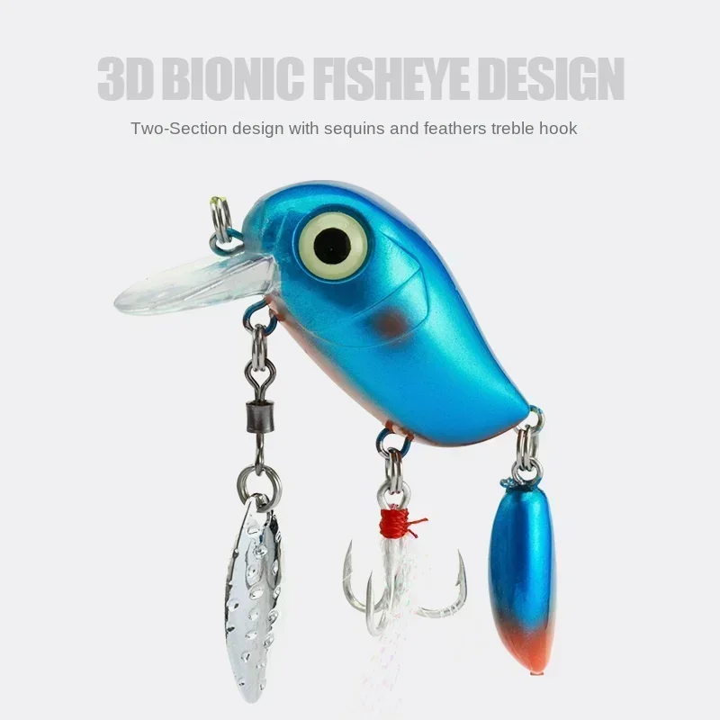 Micro Tappy Fishing Lures Crank Floating Wobblers Tongue Plate Fishing Spinners Spoon with Feather Rotates Bass Trout Crankbait