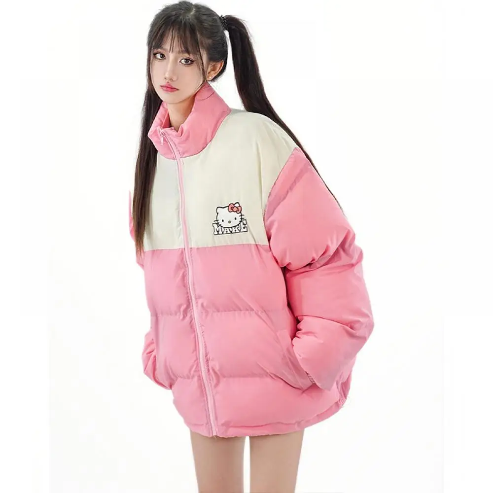 Kawaii Hello Kitty Women Down Jacket Sanrioed Anime Winter Thicken Warm Color Matching Cotton Clothes Coat Student Loose Fashion