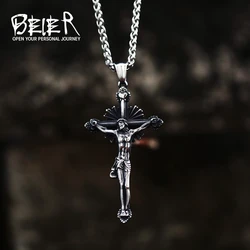 BEIER Christ Jesus Pendant Necklace 316L Stainless Steel Cross Chain Heavy Men Jewelry Gift Religious Jewelry  BP8-083