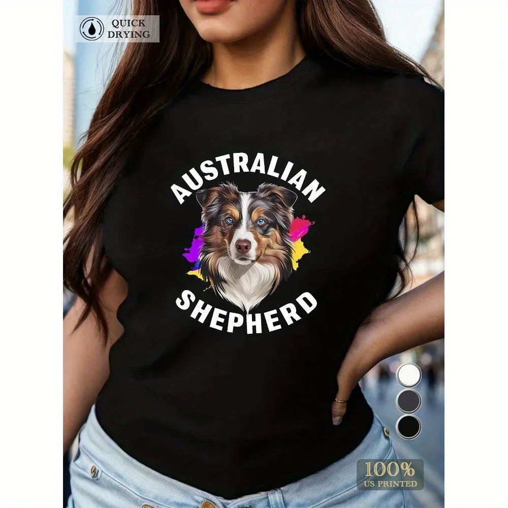 

1 шт., женская футболка с рисунком австралийской овчарки, повседневная полиэстеровая футболка с круглым вырезом, быстросохнущий геометрический узор, всесезонная