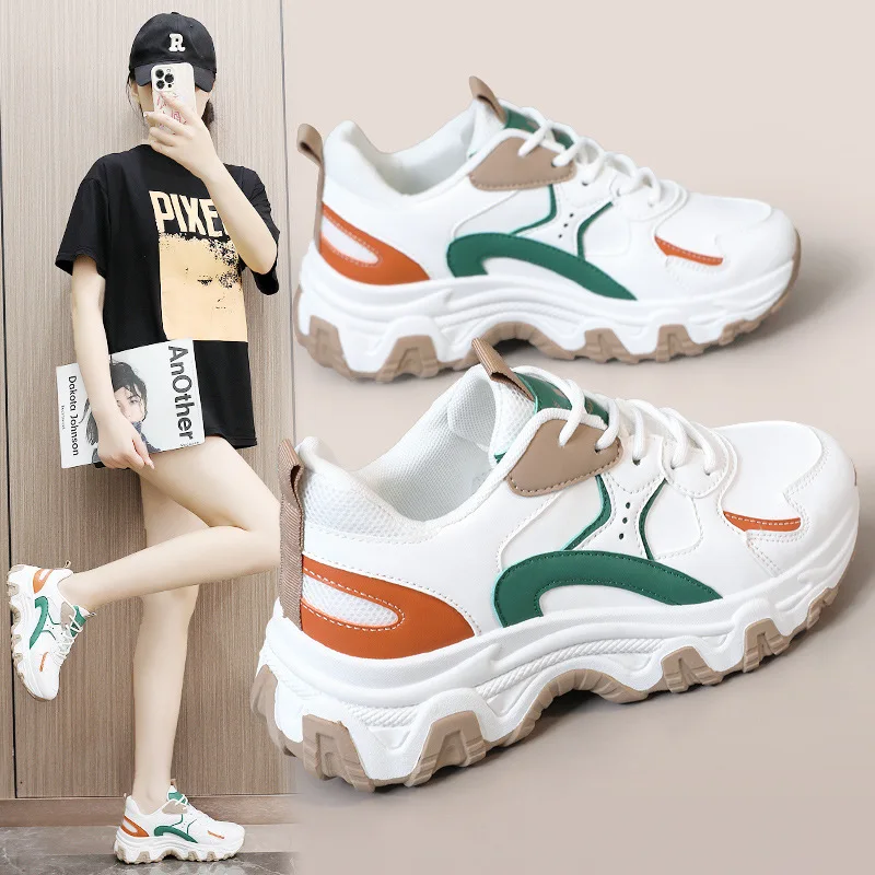 

Women Vulcanized Shoes Board Shoes Casual Color Blocking Low Top Thick Sole Height Increasing College Trendy Students