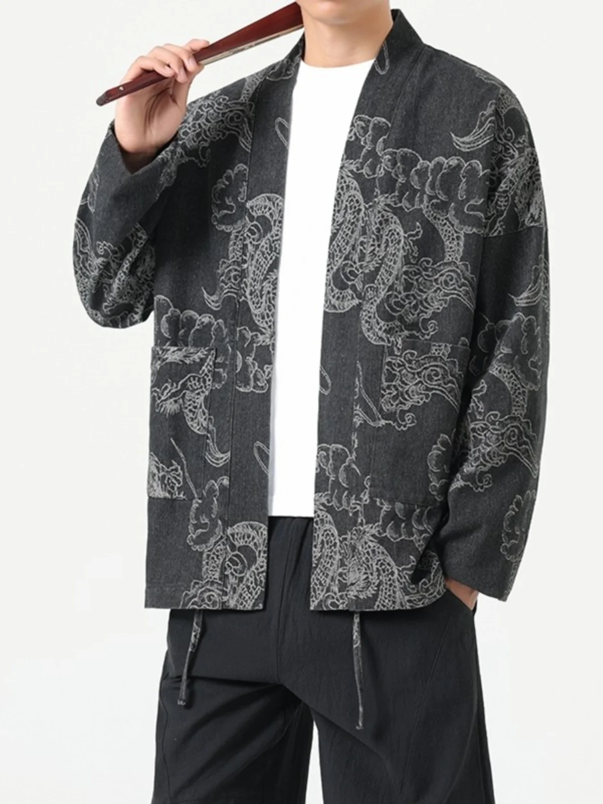 

Waed Bla Denim Open Cardigan Men's New Chinese Sle Dragon Robe Print Hanfu Loose Taoist Coat Autumn Faion Youth