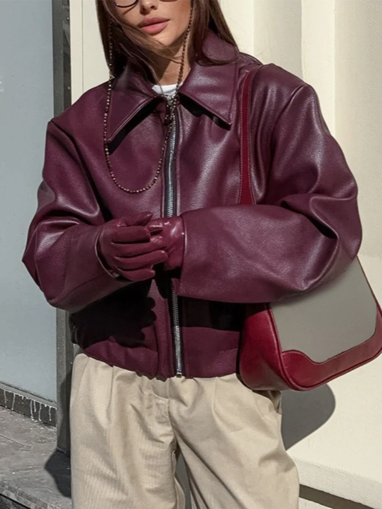 

Wine Red Faux Leather Jakcet Fashion Outerwear Thicken Zipper Lapel Pu Coats Autumn Winter Streetwear Ladies Tops Women
