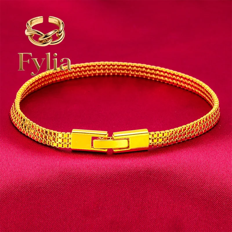 Fylia Jewelry   Flat Bracelet for Women, 24K Gold, AU999 | Embossed stripes with tiny diamonds, subtle glamour for work.