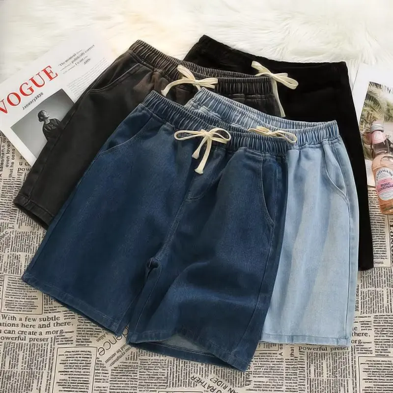 2024 Summer Men\'s Loose 5-point Baggy Denim Shorts Streetwear Retro Hip Hop Wide Leg Drawstring Shorts Jeans