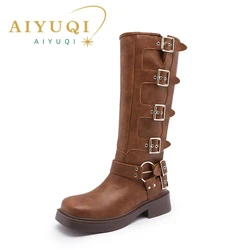 AIYUQI Western Cowboy Boots Women Vintage New Genuine Leather Knight Boots Women Square Toe High Boots Buckle Boots Women