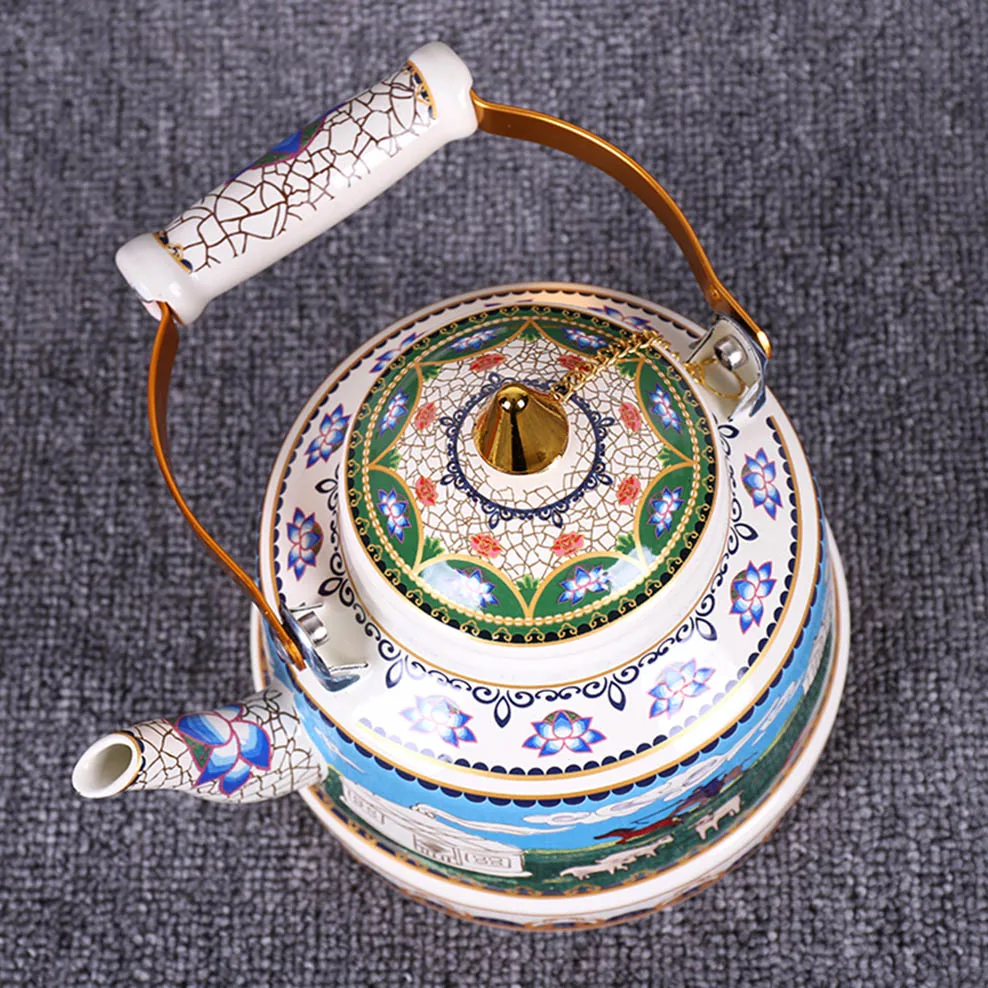 1.7L Tibetan Style Porcelain Enameled Teapot Chinese Ethnic Characteristic Milk Tea Infuser Enamel Boiling Water Kettle