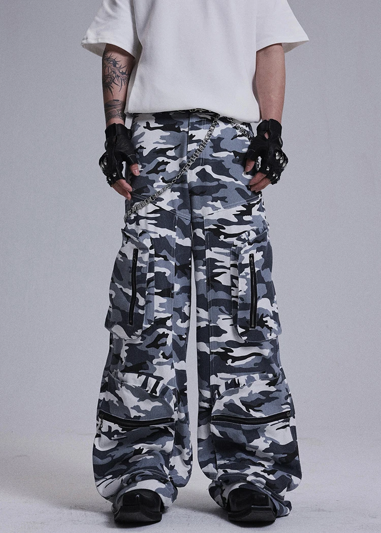 Camouflage Zipper Multi Pocket Casual Pants Summer Retro Workwear Pants Streetwear Men Harajuku Cargo Pants