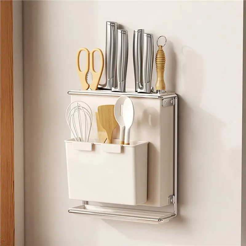 SYW-Countertop Cutlery Holder Wall Mounted No Drill Chopstick Kitchen Utensil Drain Storage Rack For Chopping Stick Organizer A
