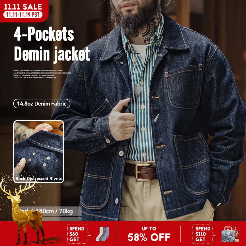 

Maden Vintage 4-Pockets 14OZ Jacket for Men Stand Collar Denim Jacket Outwear Coat Version for Men's Spring Streetwear Coats