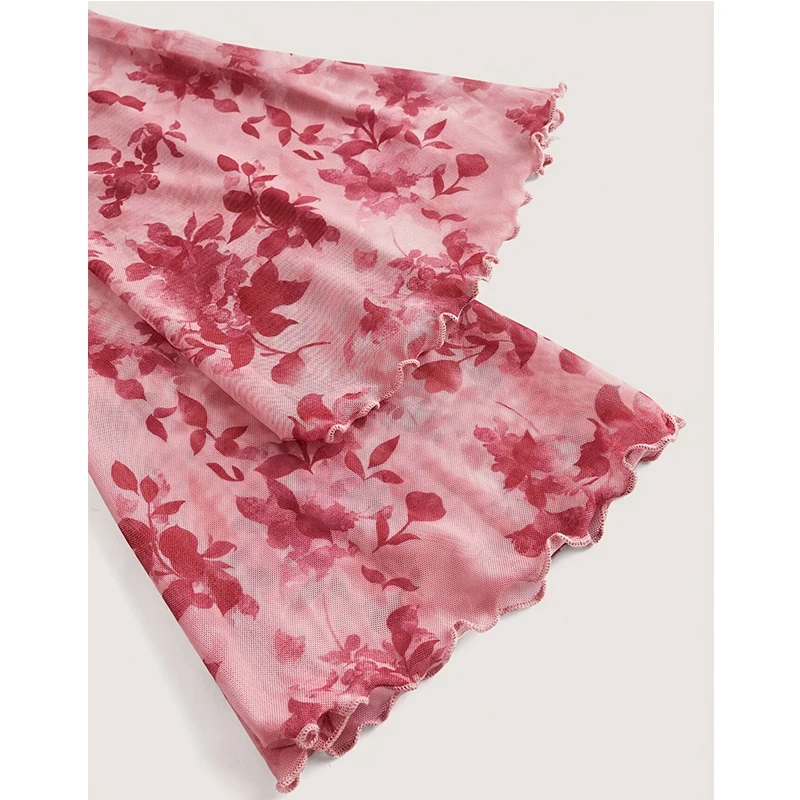 Zomer Dames Y2k Bloemenprint Zoete V-hals T-shirts Mesh Strand Feestjurk Top Flare Mouw Vierkante Kraag Lace Up Shirt 2025