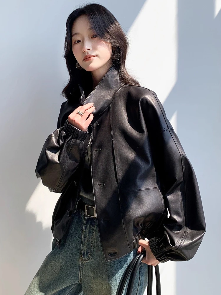 Giacche da moto casual corte in vera pelle da donna primavera autunno colletto alla coreana semplice di fascia alta cappotto morbido e morbido in vera pelle di pecora