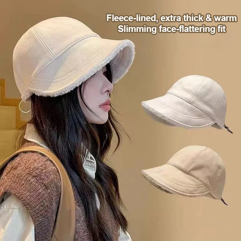 Women Winter Peaked Cap Warm Windproof Sherpa Lined Hat Daily Wear Soft Brim Adjustable Ladies Drawstring Hat Travel Outdoor