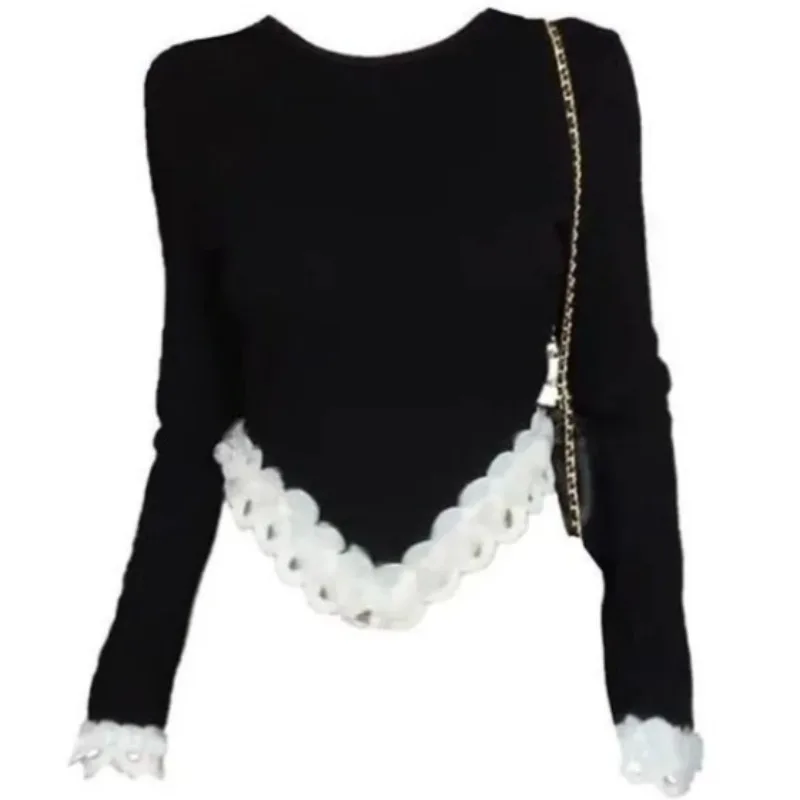 

Premium sense retro French flower edge design sense thin long sleeve spring and autumn new black top exquisite and simple