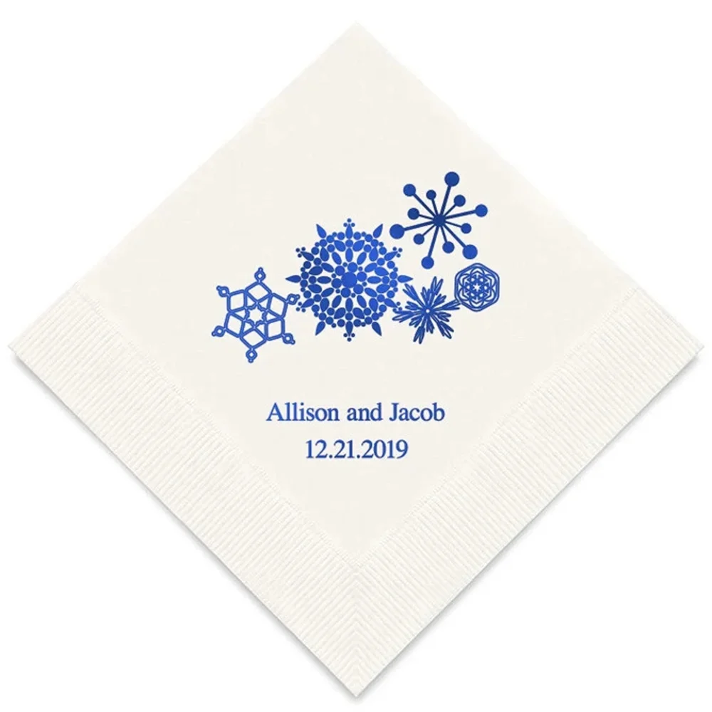 50PCS Winter Finery Snowflake Personalized Printed Wedding Napkins - 3 Sizes / Multiple Colors