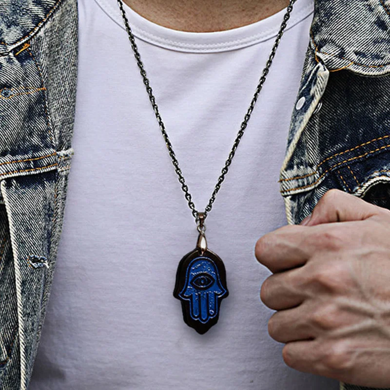 Eye Hamsa Shungite Pendant Hand of Fatima with 250mm Rope Chain Necklace Khamsah Fortune Charm