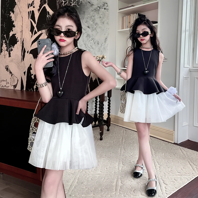 

Summer new 4-14 teen girls Hepburn style dress Junior kids fluffy princess dress Black patchwork mesh dress girls clothes