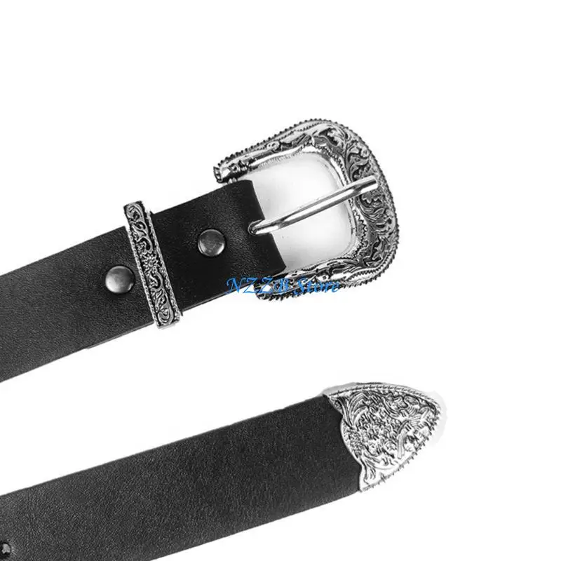 T21F Lady Waist Belt Jean Belt PU Vintage Carved Buckle Casual Ceinture Belt