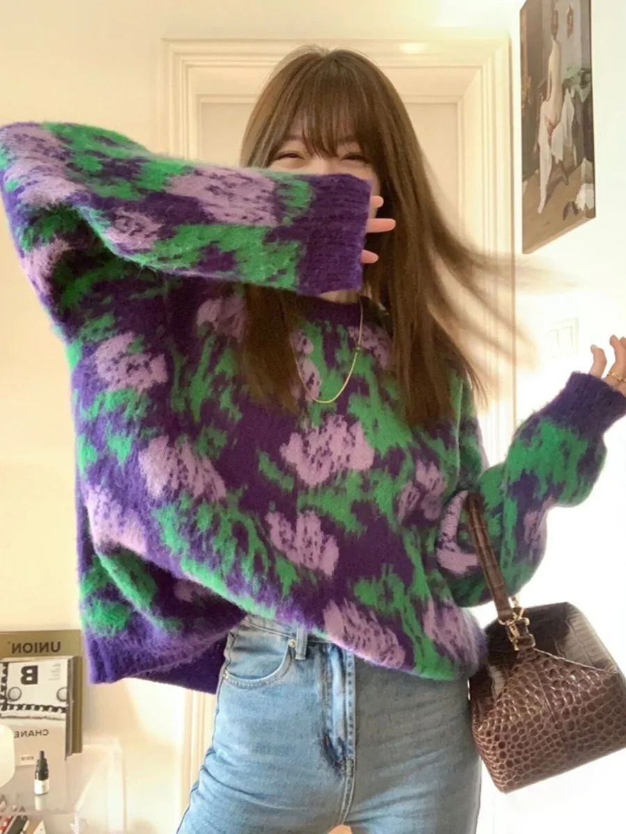 

Уникальный мягкий уютный женский вязаный свитер с цветочным узором, круглым вырезом, свободного кроя, осенне-зимний, в стиле Lazy Chic, премиум-класса