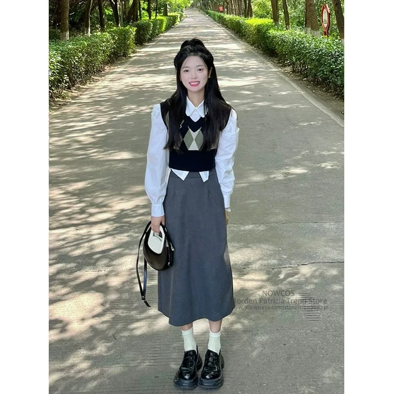 New Spring Autumn 2024 Rhombic Pattern Knitted Vest 3-piece Set White Shirt Wrapped Hip Long Dress Grey Uniform Set Korean Girl