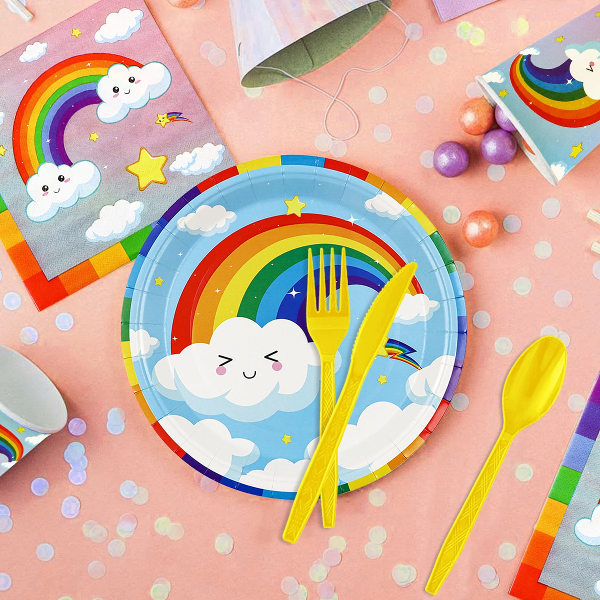 10 Guest Rainbow Cute Paper Plates Napkins Disposable Party Supplies For Kids Cartoon Prints Girl Boy Birthday Baby Shower 2024