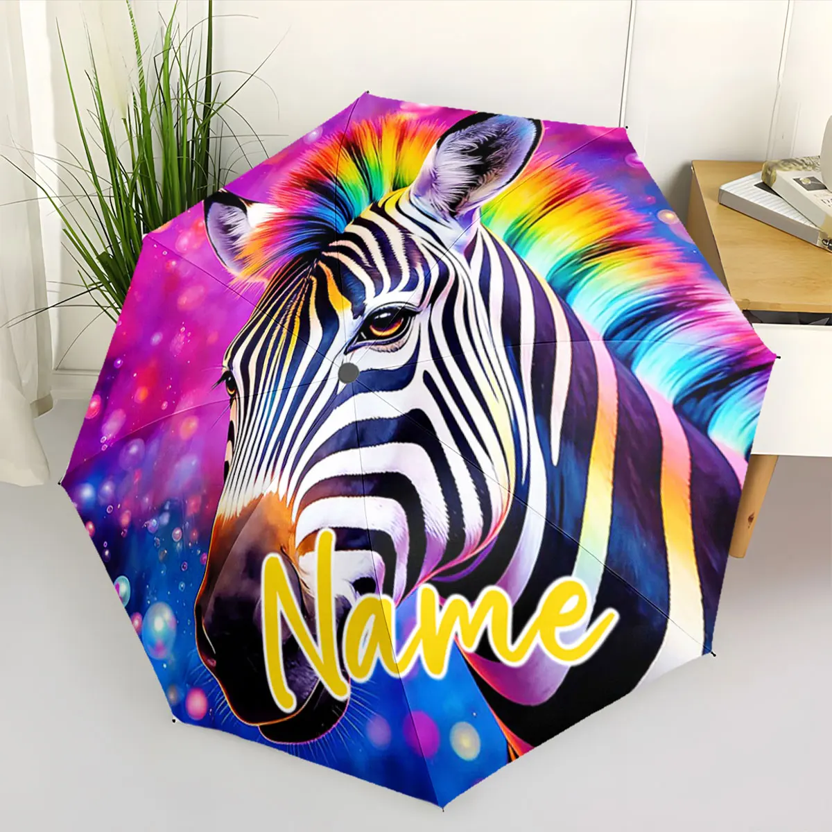 Custom Name Umbrella Colorful Zebra Umbrella Design Print 8 Iron Ribs Folding Umbrella Auto-Open Fashion Sunshade