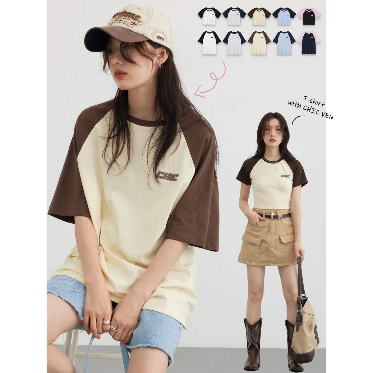 CHIC VEN Women T-shirts Vintage Casual Loose Contrast Short Sleeve Letter Tops Streetwear Short Tees Female Clothes Summer 2023