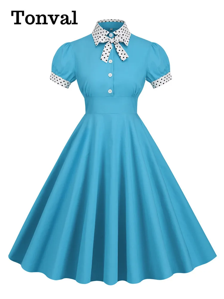 Tonval Contrast Dotted Collar and Cuff Bow Front Button Up Rockabilly Dress Women 50s Pinup Cotton Vintage Midi Dresses