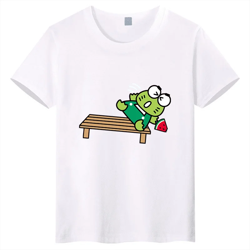 

Keroppi Lounge Chair Eating Watermelon Cartoon Printed Children's T-shirt Summer Colorful Casual Parent-child Top
