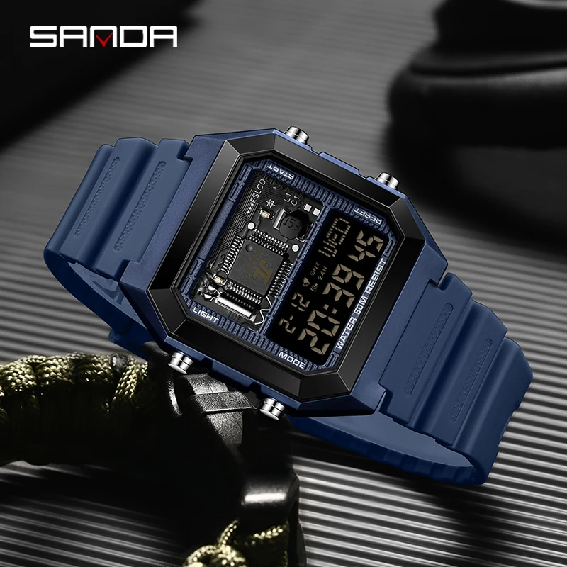 SANDA Top Brand Square Male Female LED Analog Digital Electronic Watch Multi Functional Countdown Waterproof Men's Wrist Watches