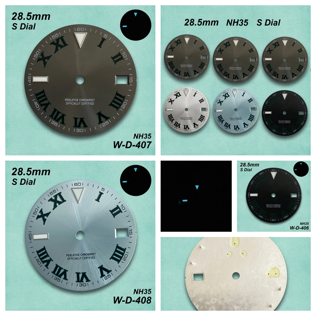 

28.5mm S Logo Roma Numerals NH35 Dial Fit NH35/NH36 Movement Ice Blue Luminous High Quality NH35 Watch Modification Accessorie