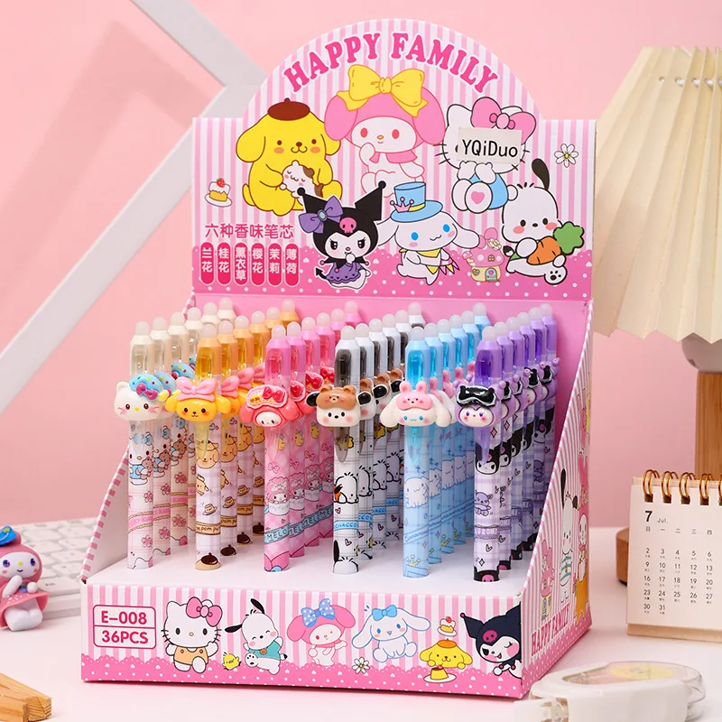 Sanrio Erasable Blue Gel Pen 36Pcs Cartoon Kawaii Hello Kitty Kuromi Erasable Pen 0.5mm Blue Stereo Cartoon Resin Birthday Gifts