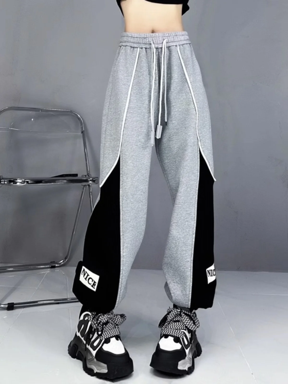 

plus Size Fce Lined Thiened Patchwork Men's Autumn Winter Sports Casual Sweatpants Loose Fit Trendy Trousers