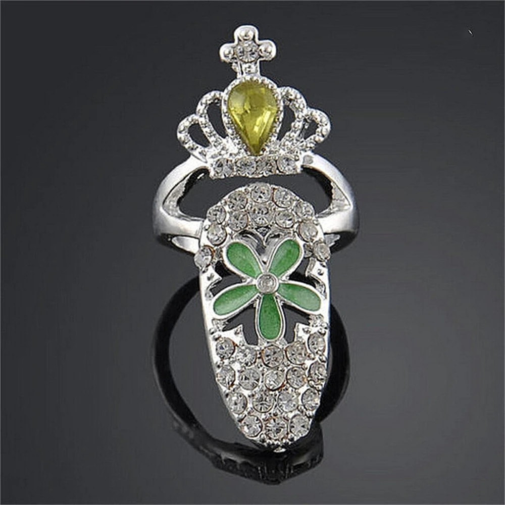 Exquisite Rhinestone Nail Ring Luxury Crown Finger Accessories for Women Fashion Bride Wedding Jewelry Delicate Party Gifts