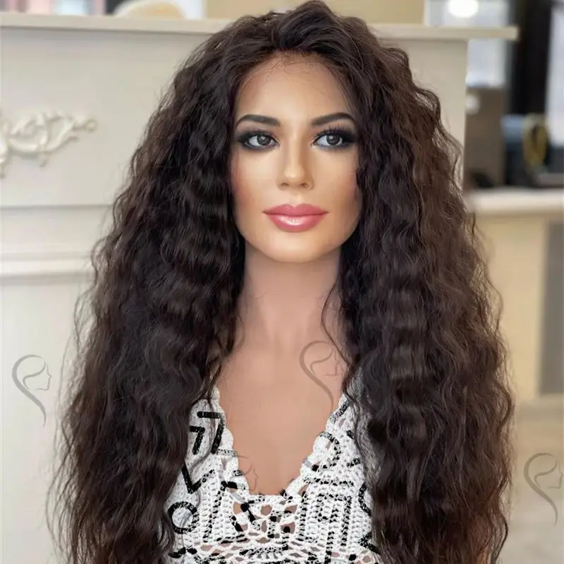 

26-дюймовый средний размер Кепка 13x4 Темно-коричневый синтетический HD парик фронта шнурка 13x4 Длинный парик с глубокими вьющимися волнами Балаяж Предварительно выщипанная линия волос