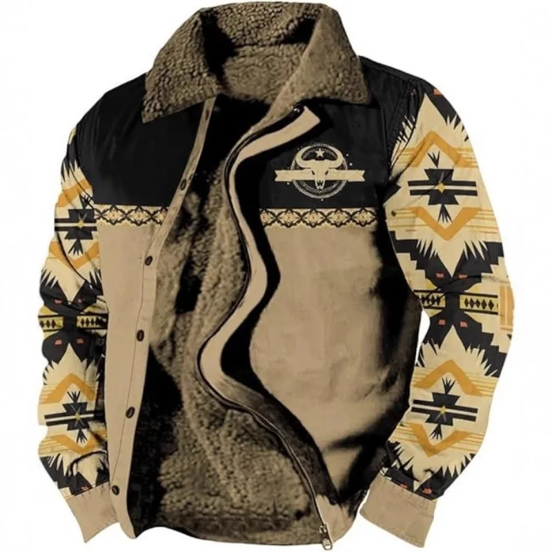 Men's Aztec Pattern Fleece Lined Jacket Warm Sherpa Collar Button Down Winter Coat