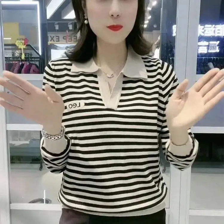 Spring Autumn New Polo Large Women's Long Sleeve Tops Fashion Stripes Letter Casual Tee Shirt Turn-down Collar Female Clothing