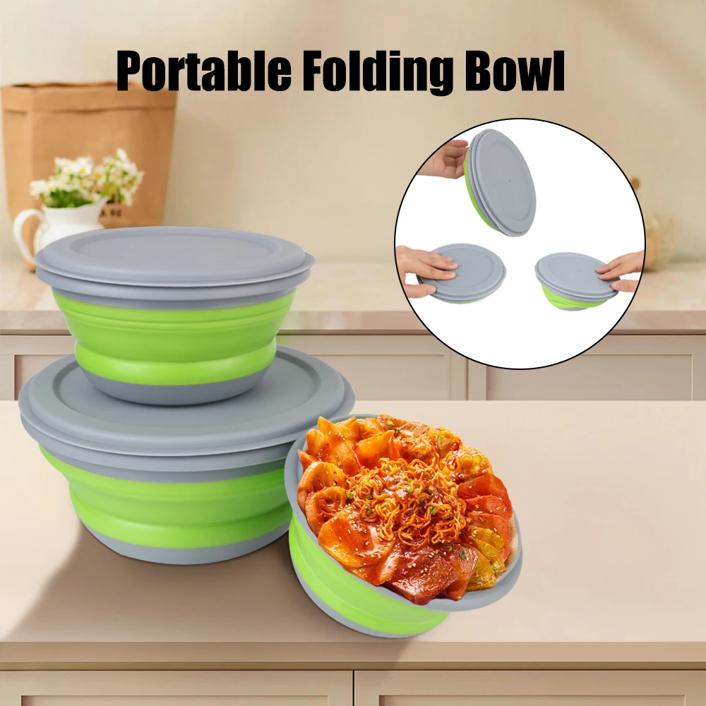 Foldable Fruit Salad Bowl Silicone Folding Bowls Foldable Lunch Box 3 Pieces Portable Picnic Camping Bowl Set with Lid