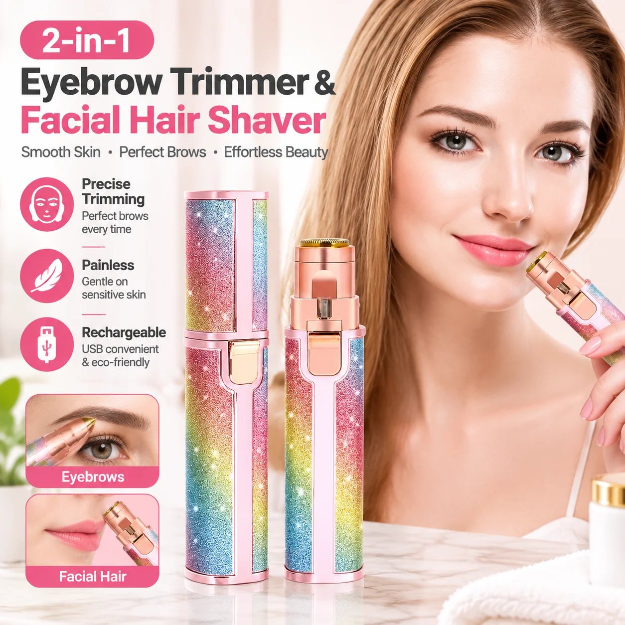 2-in-1 Rechargeable Eyebrow Trimmer & Facial Hair Shaver for Women, LED Precision Painless USB Grooming Tool
